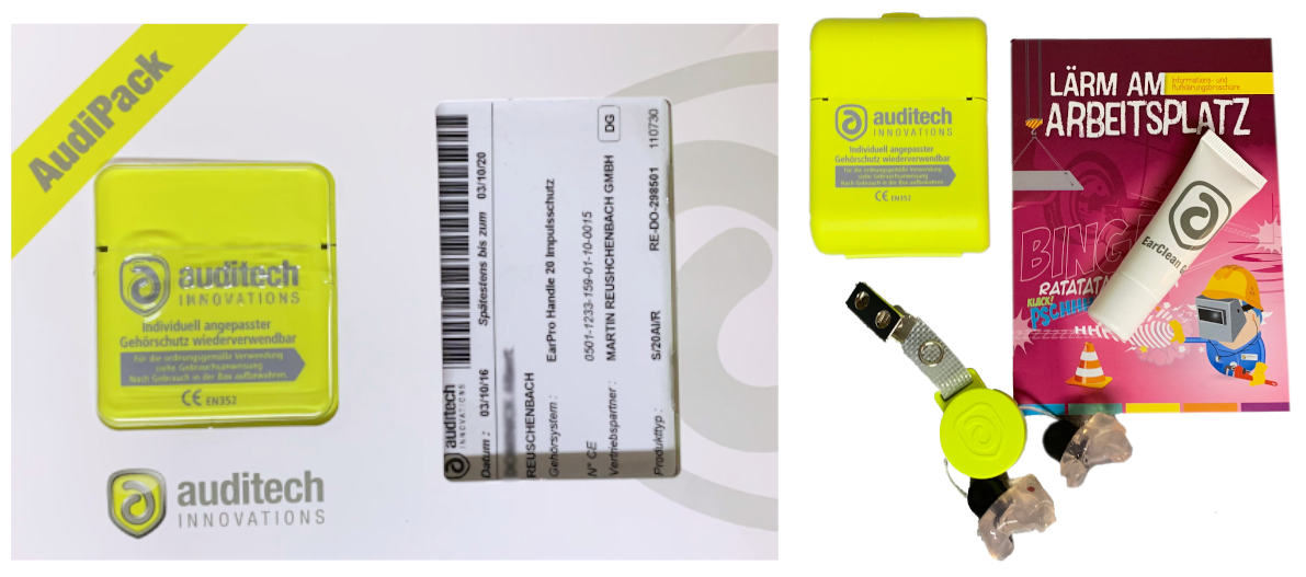 Otoplastiken mit Aufbewahrungsbox, Schnurwickler, PSA Lärmschutz, Tube Gel und Broschüre